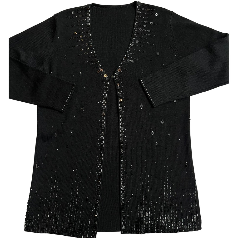 St. Michael Marks & Spencer Black Cardigan Sweater Sequins Beaded Open‎ Front 12